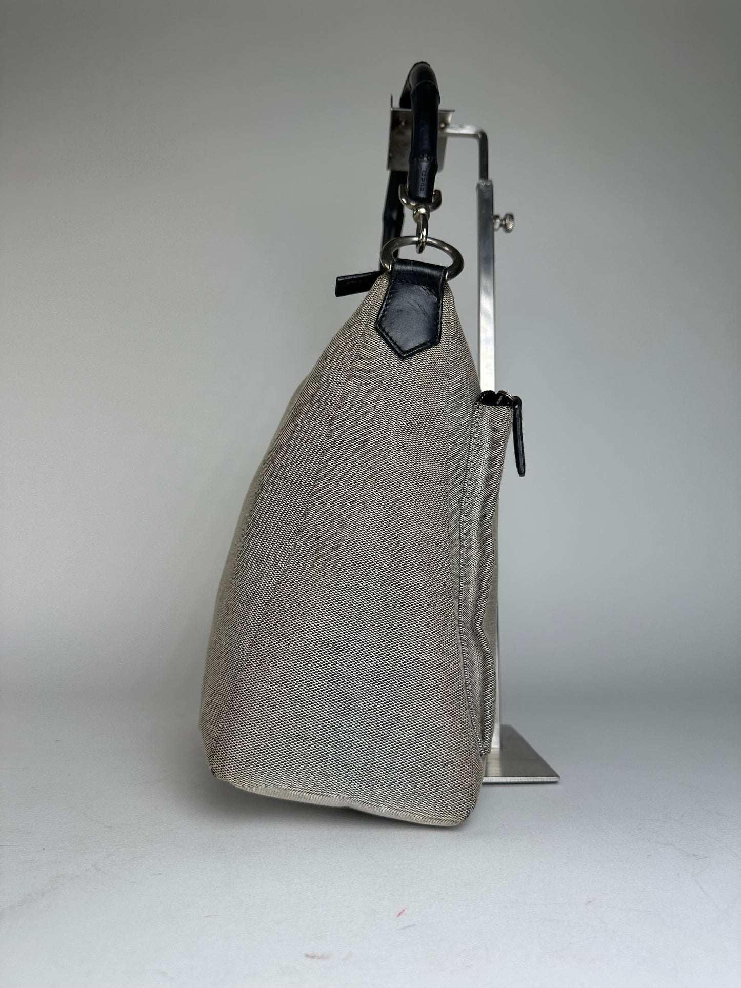 Vintage Gucci Bamboo Top Handle Canvas Handbag Grey Black