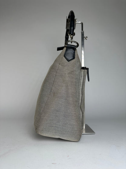 Vintage Gucci Bamboo Top Handle Canvas Handbag Grey Black