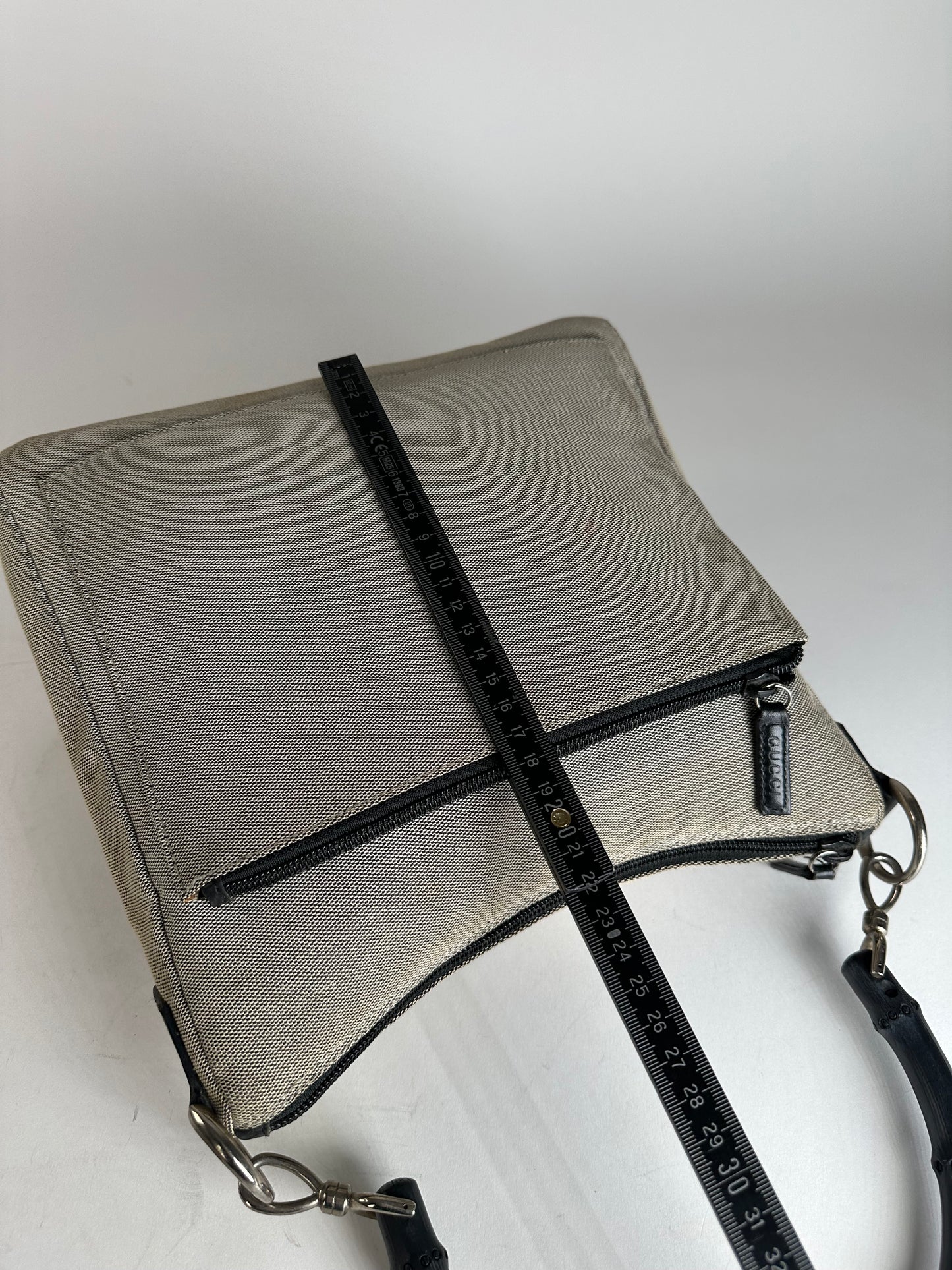 Vintage Gucci Bamboo Top Handle Canvas Handbag Grey Black