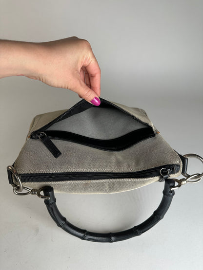 Vintage Gucci Bamboo Top Handle Canvas Handbag Grey Black