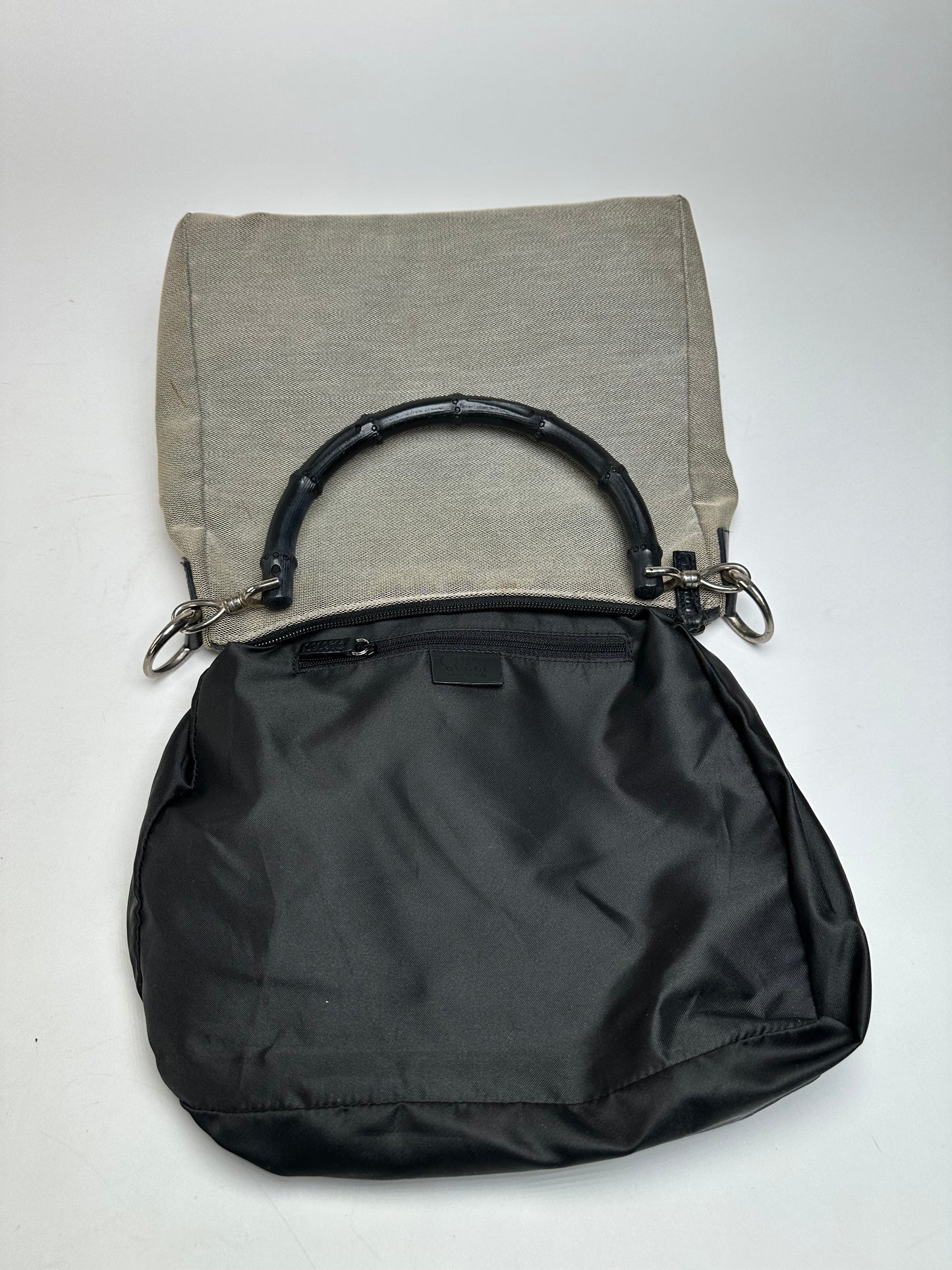 Vintage Gucci Bamboo Top Handle Canvas Handbag Grey Black