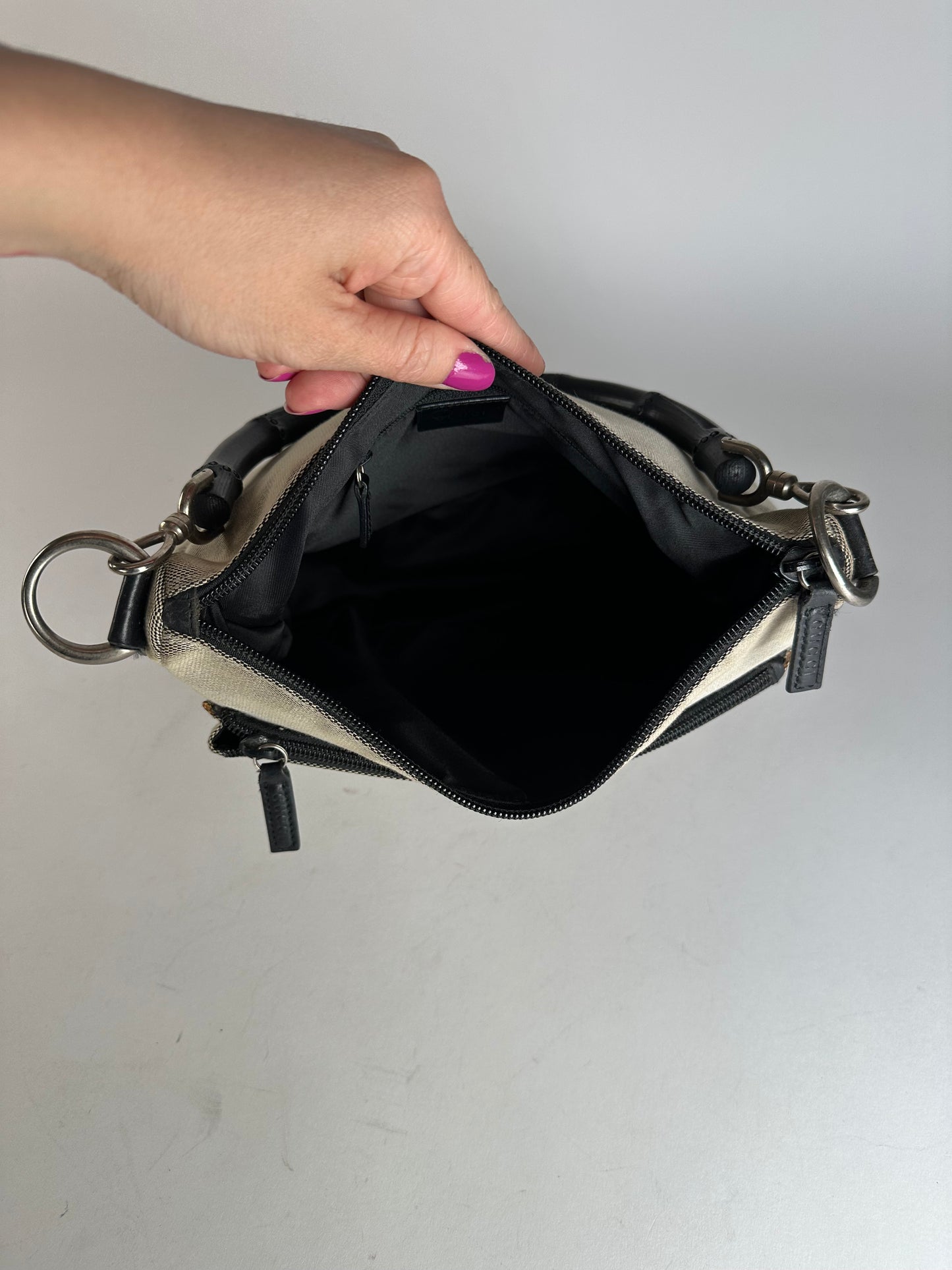 Vintage Gucci Bamboo Top Handle Canvas Handbag Grey Black