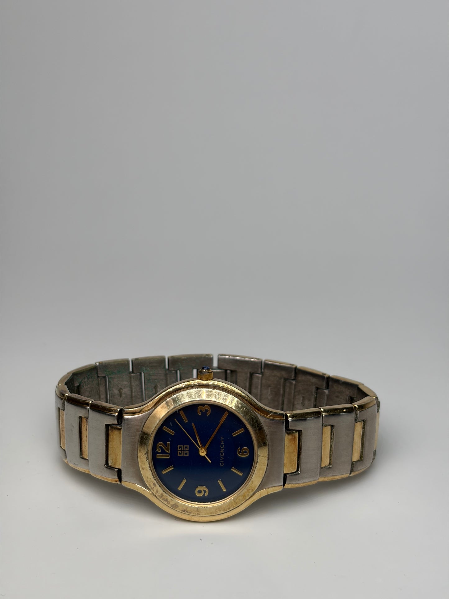 Vintage Givenchy Stainless Steel Bracelet Watch Blue Gold