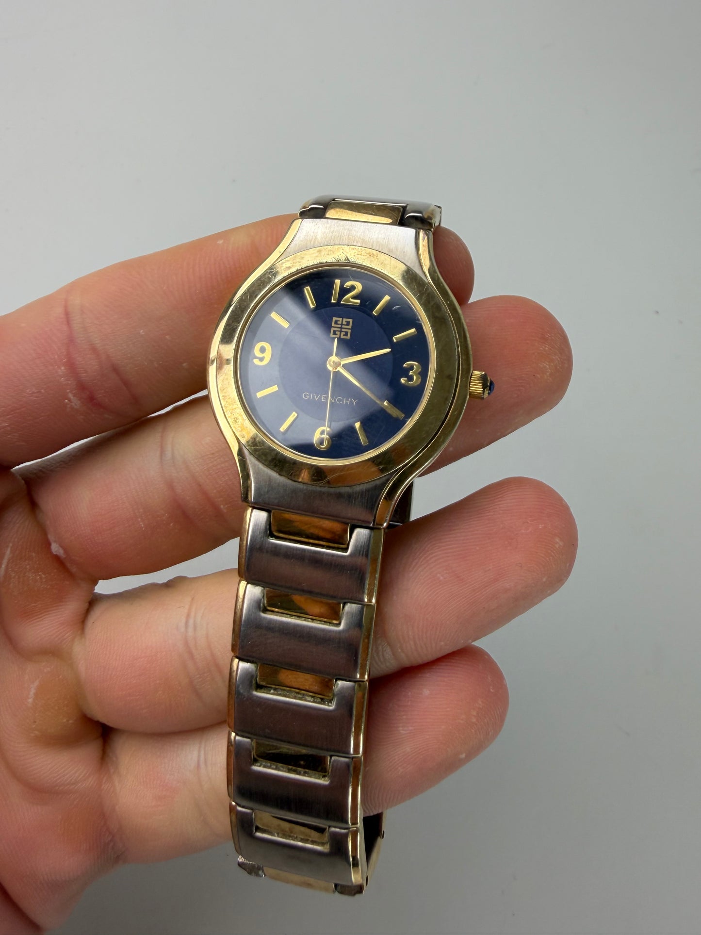 Vintage Givenchy Stainless Steel Bracelet Watch Blue Gold