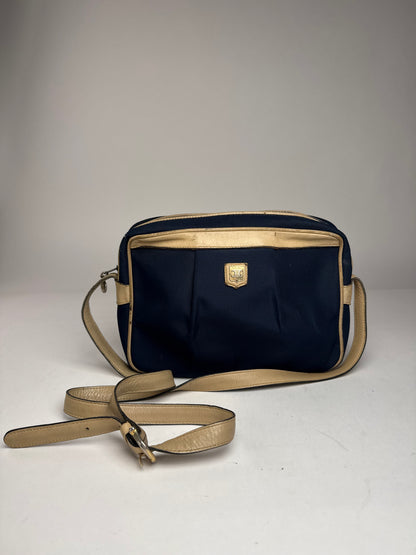 Vintage Celine Triomphe Shoulder Leather Polyester Bag Navy Gold