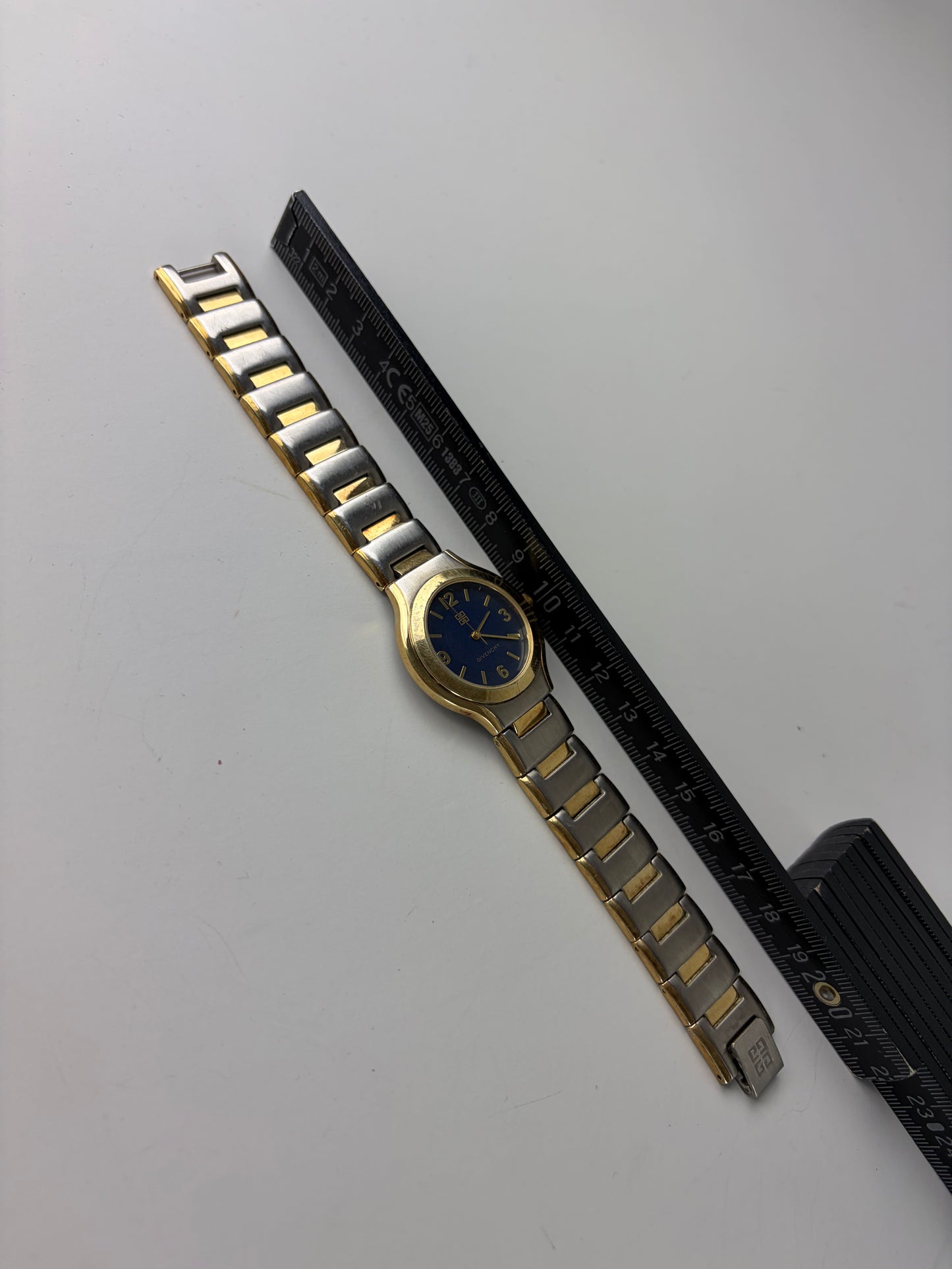 Vintage Givenchy Stainless Steel Bracelet Watch Blue Gold