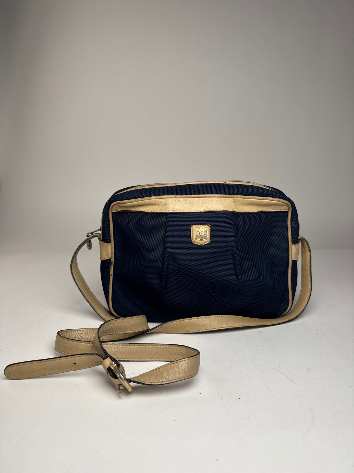 Vintage Celine Triomphe Shoulder Leather Polyester Bag Navy Gold