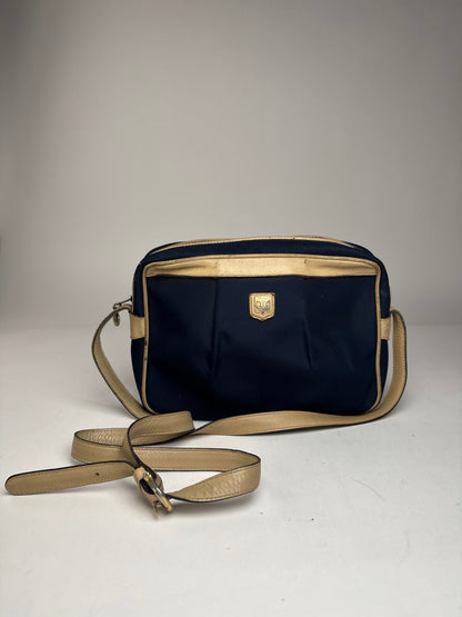 Vintage Celine Triomphe Shoulder Leather Polyester Bag Navy Gold