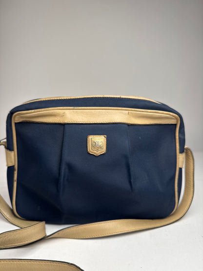Vintage Celine Triomphe Shoulder Leather Polyester Bag Navy Gold