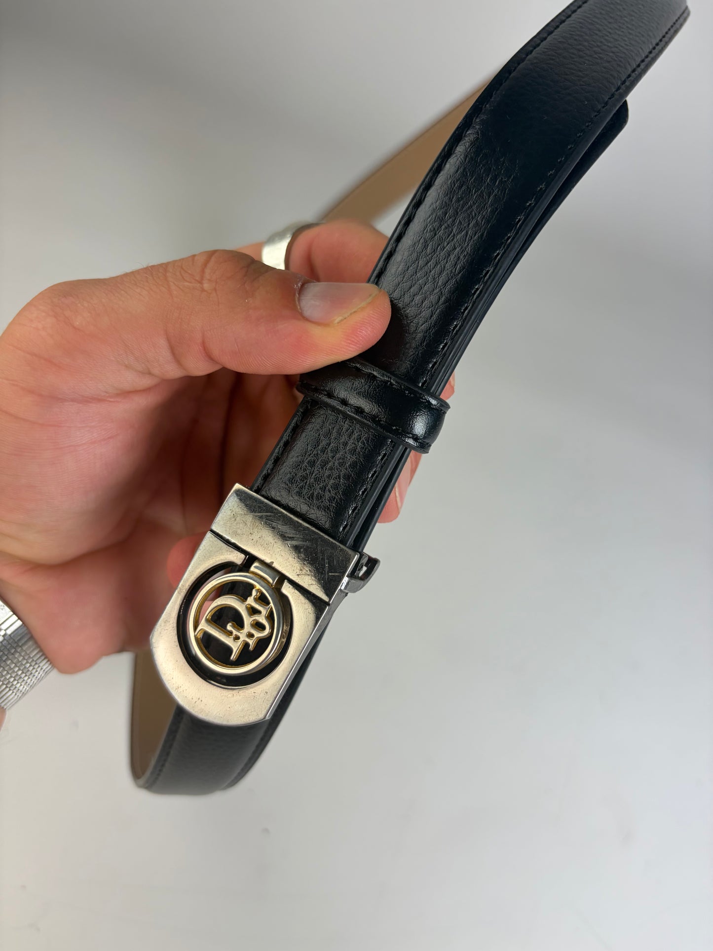 Vintage Dior Leather Belt Black Silver Buckle