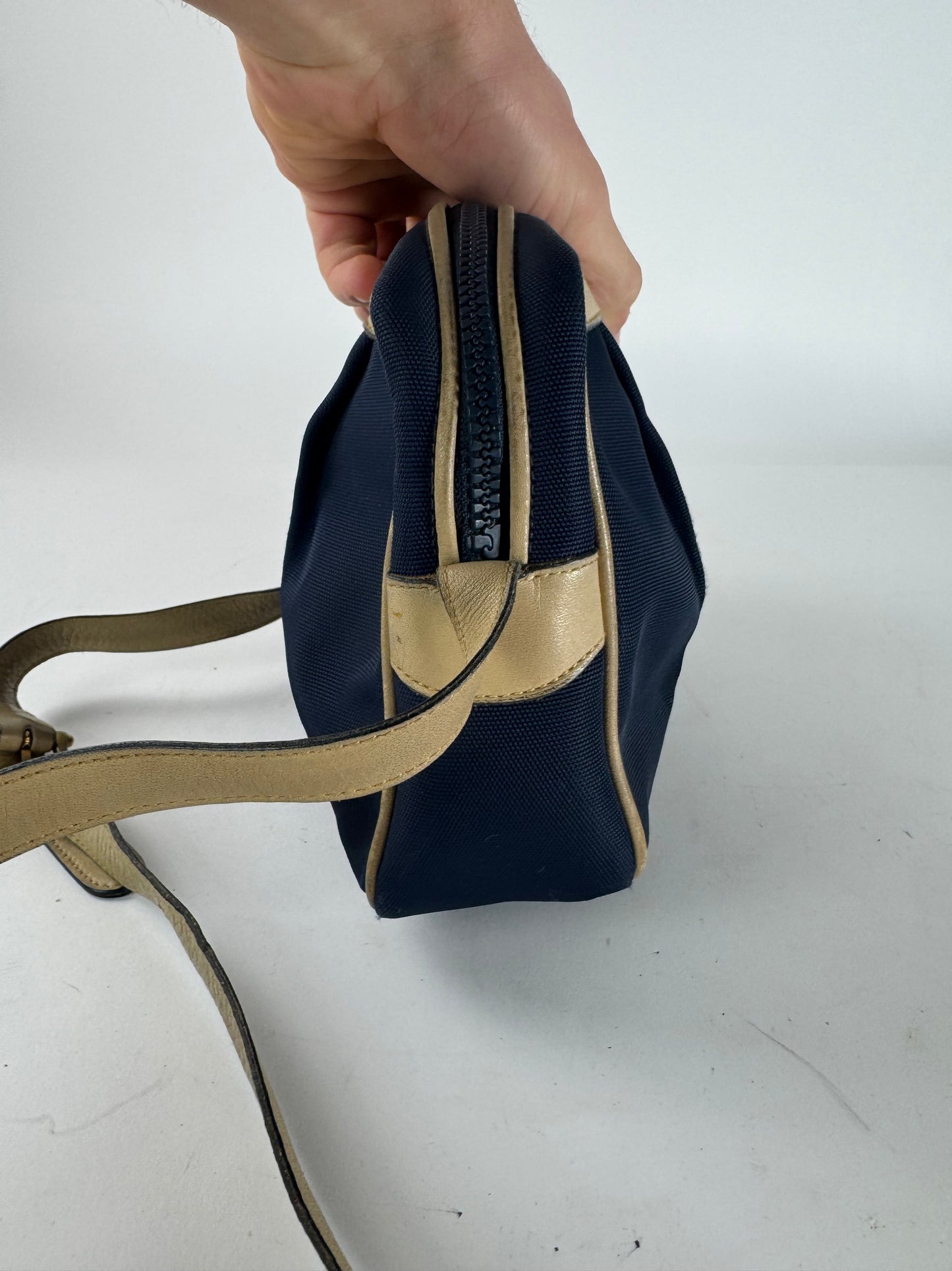 Vintage Celine Triomphe Shoulder Leather Polyester Bag Navy Gold