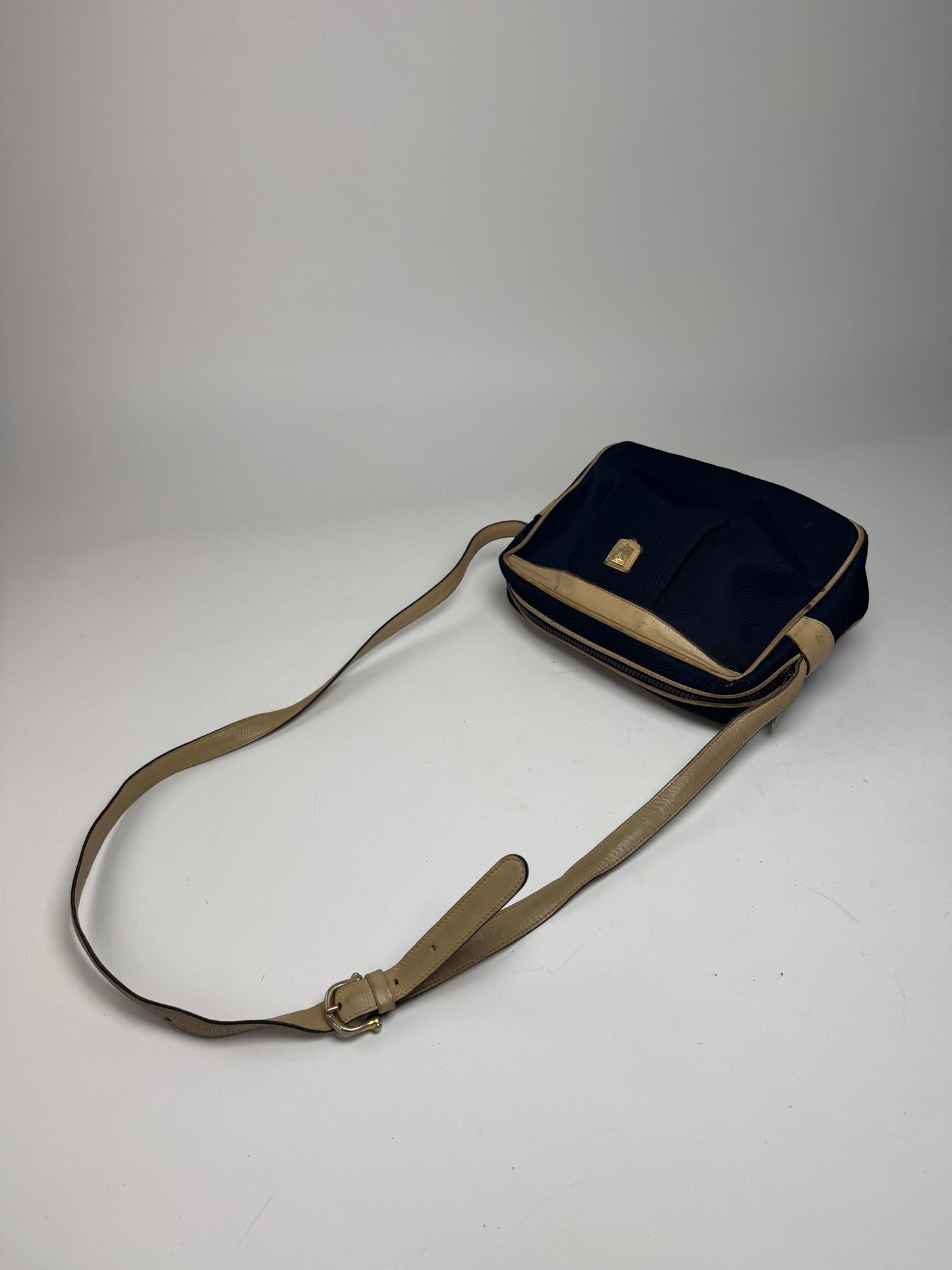 Vintage Celine Triomphe Shoulder Leather Polyester Bag Navy Gold