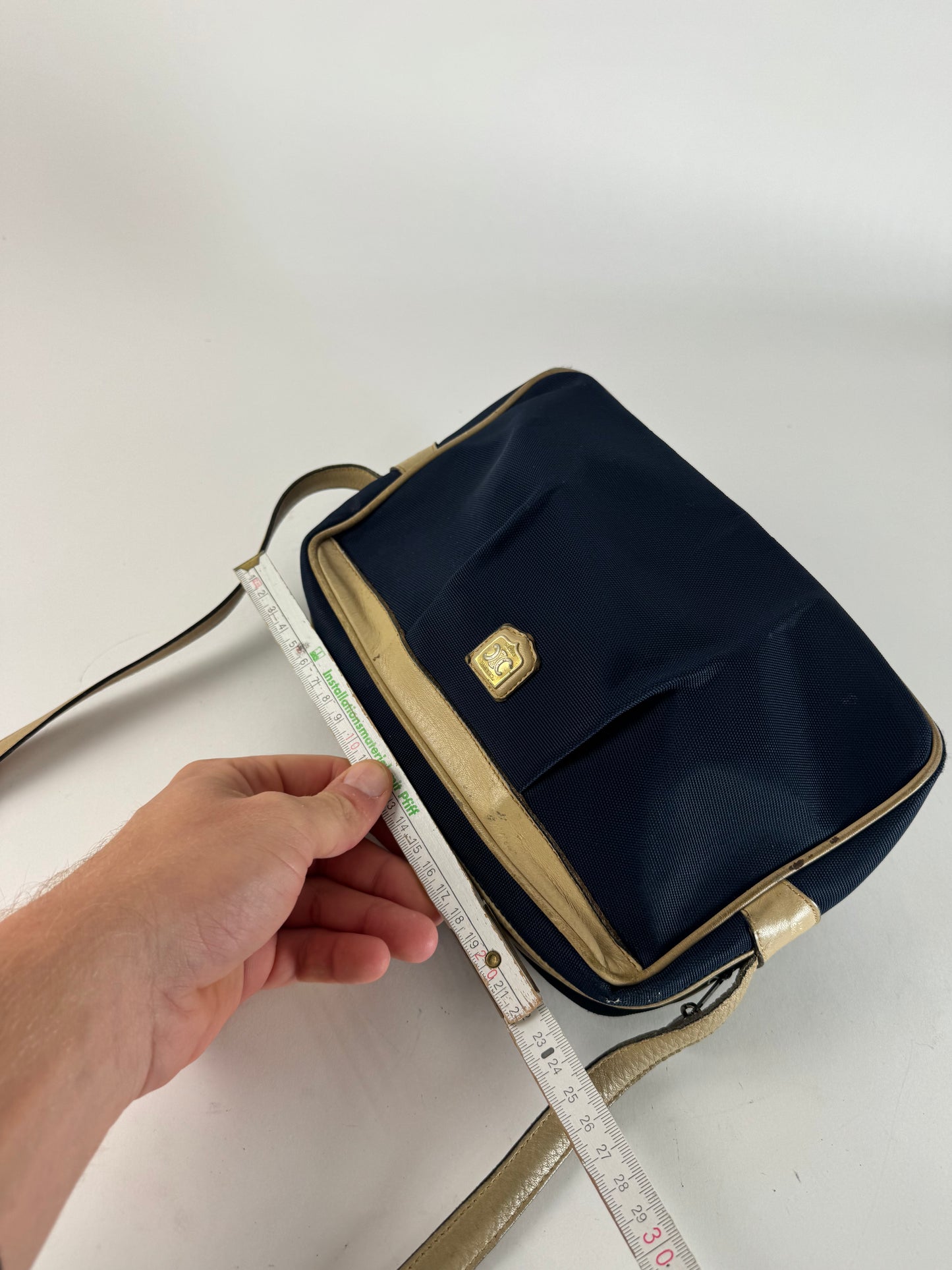 Vintage Celine Triomphe Shoulder Leather Polyester Bag Navy Gold