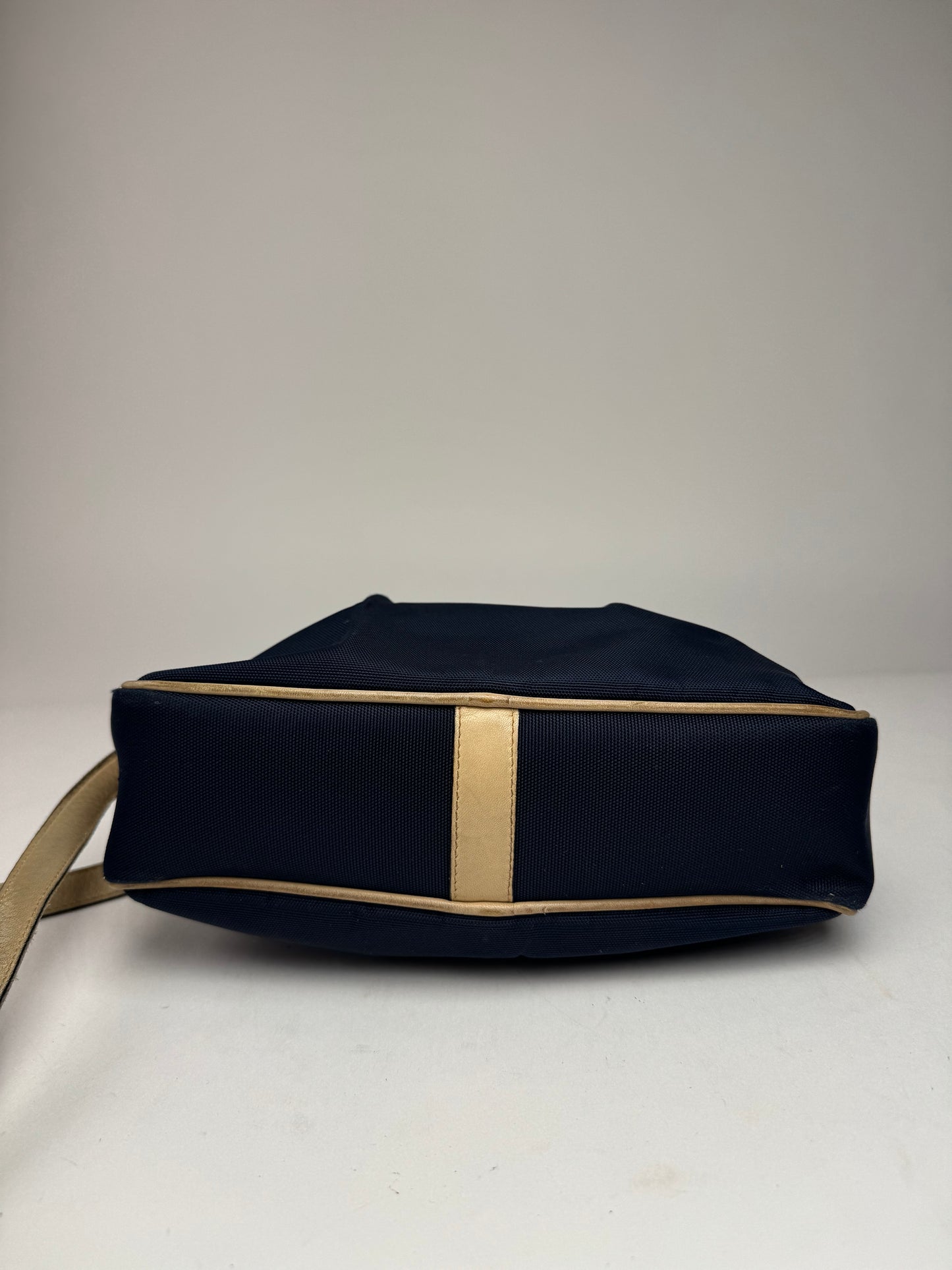Vintage Celine Triomphe Shoulder Leather Polyester Bag Navy Gold