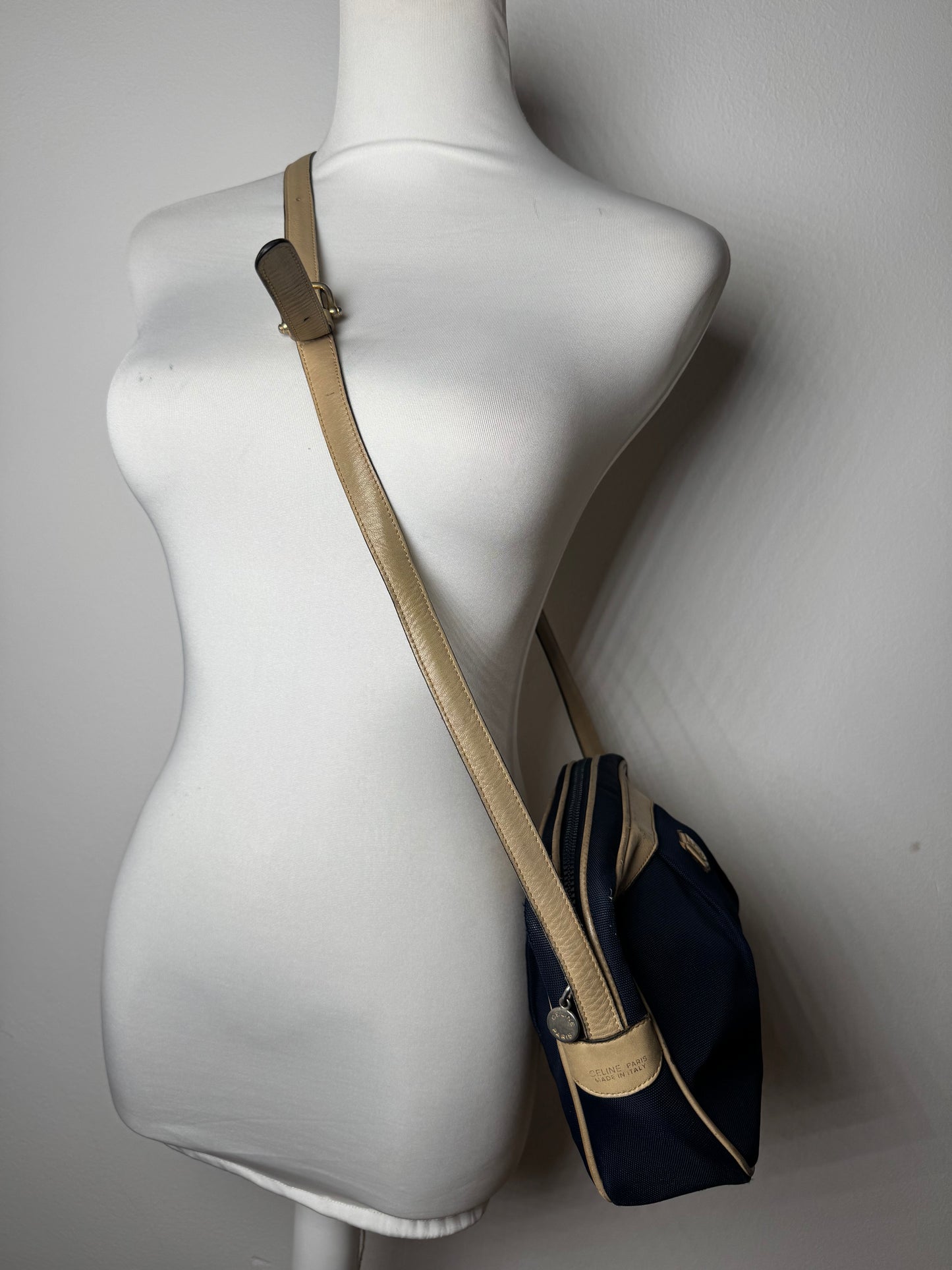 Vintage Celine Triomphe Shoulder Leather Polyester Bag Navy Gold