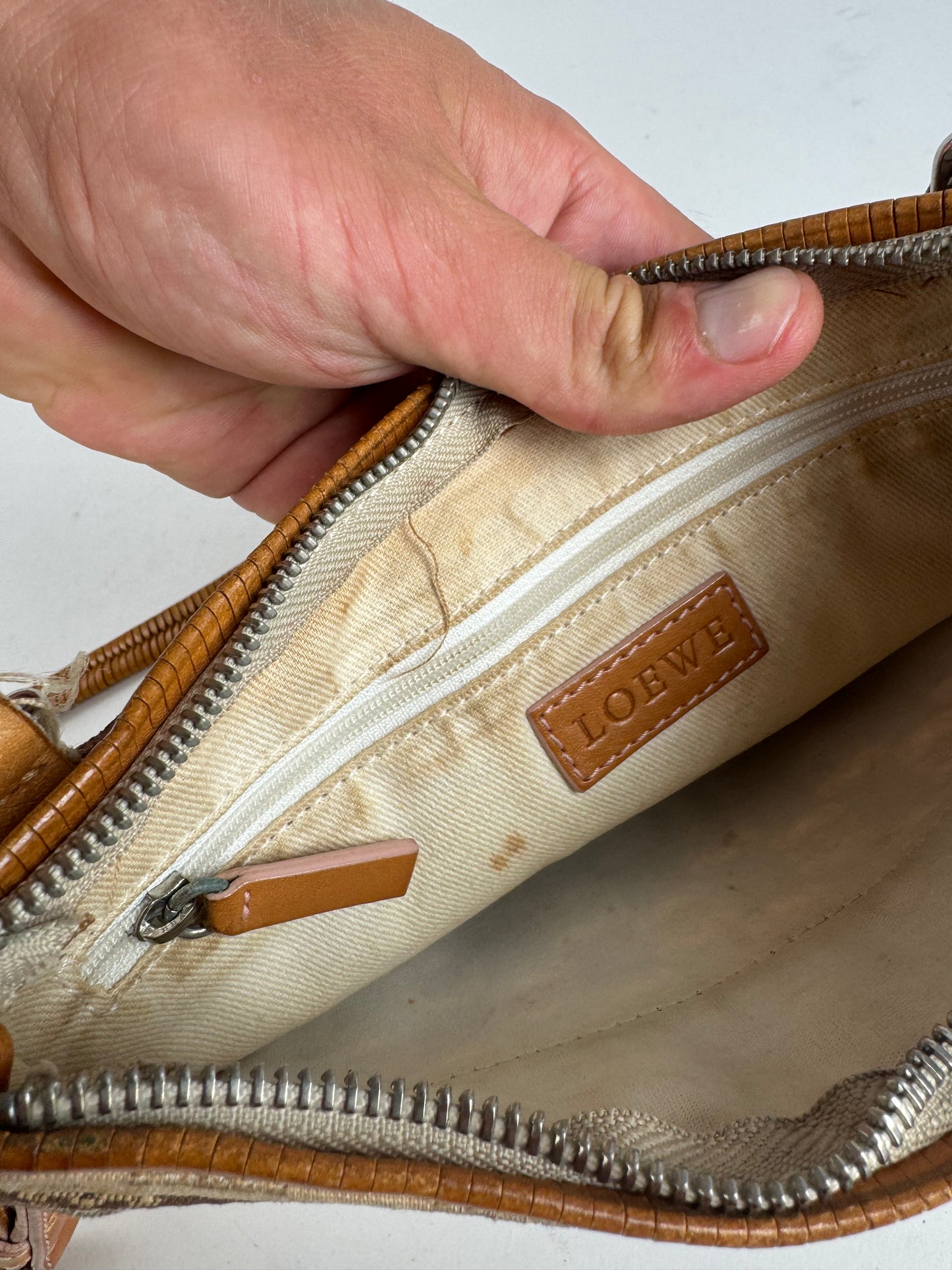 Vintage Loewe Madrid Leather canvas monogram Shoulder bag beige brown