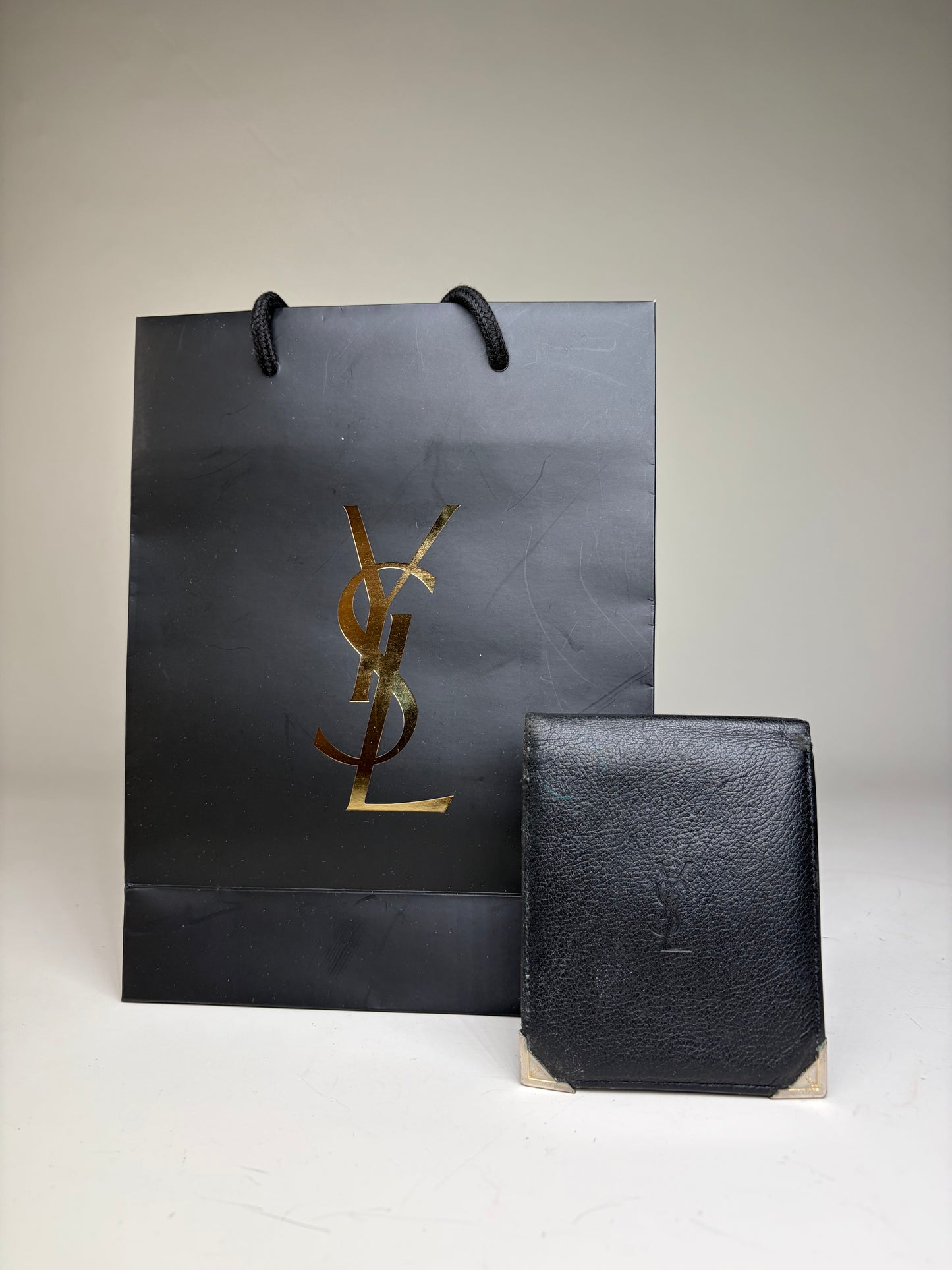 Vintage Yves Saint Laurent Grained Leather Bifold Wallet Black Silver