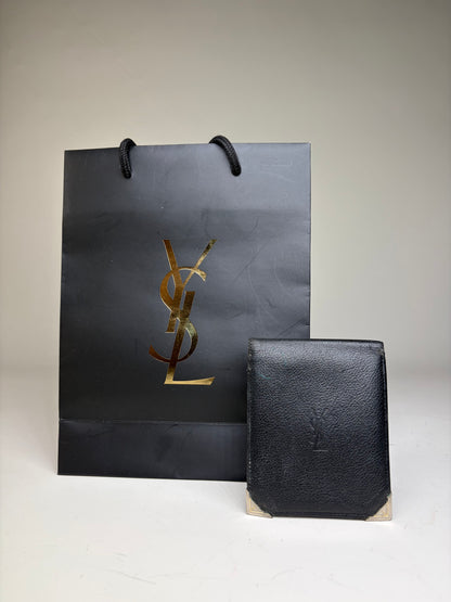 Vintage Yves Saint Laurent Grained Leather Bifold Wallet Black Silver