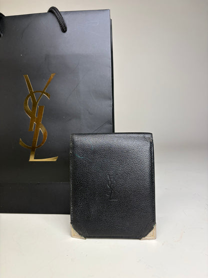 Vintage Yves Saint Laurent Grained Leather Bifold Wallet Black Silver