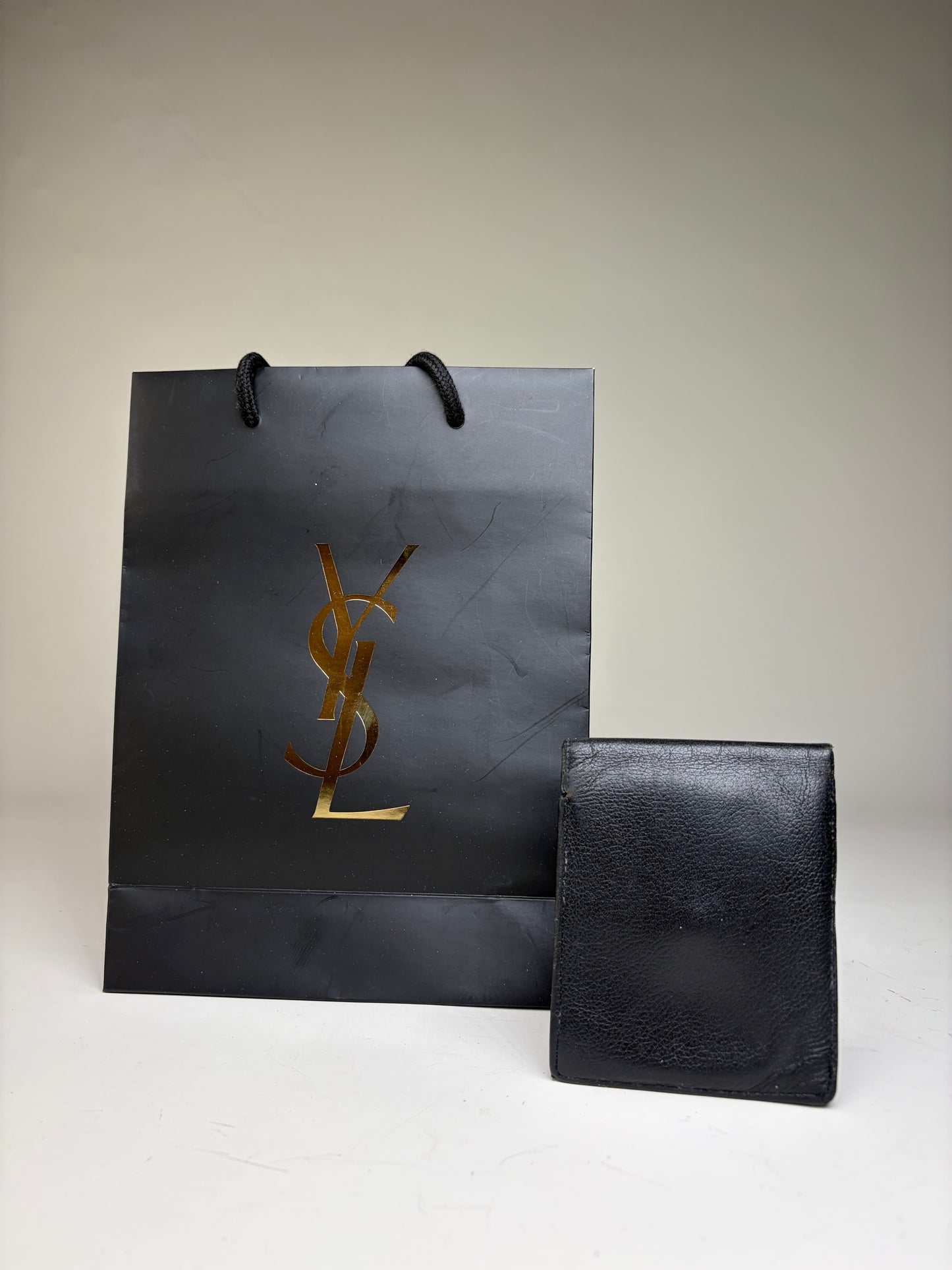 Vintage Yves Saint Laurent Grained Leather Bifold Wallet Black Silver