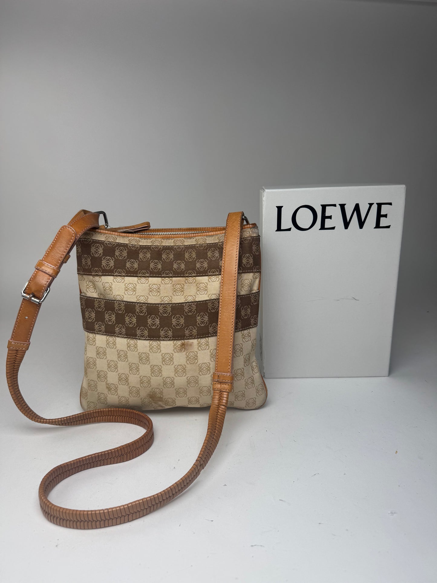 Vintage Loewe Madrid Leather canvas monogram Shoulder bag beige brown