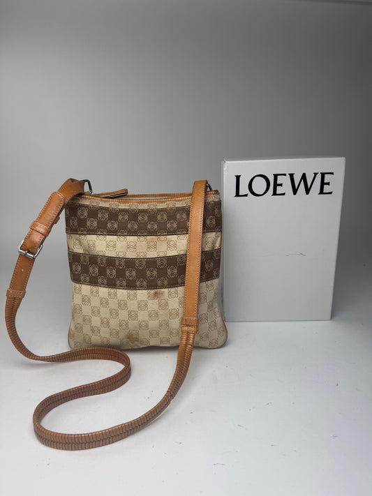 Vintage Loewe Madrid Leather canvas monogram Shoulder bag beige brown