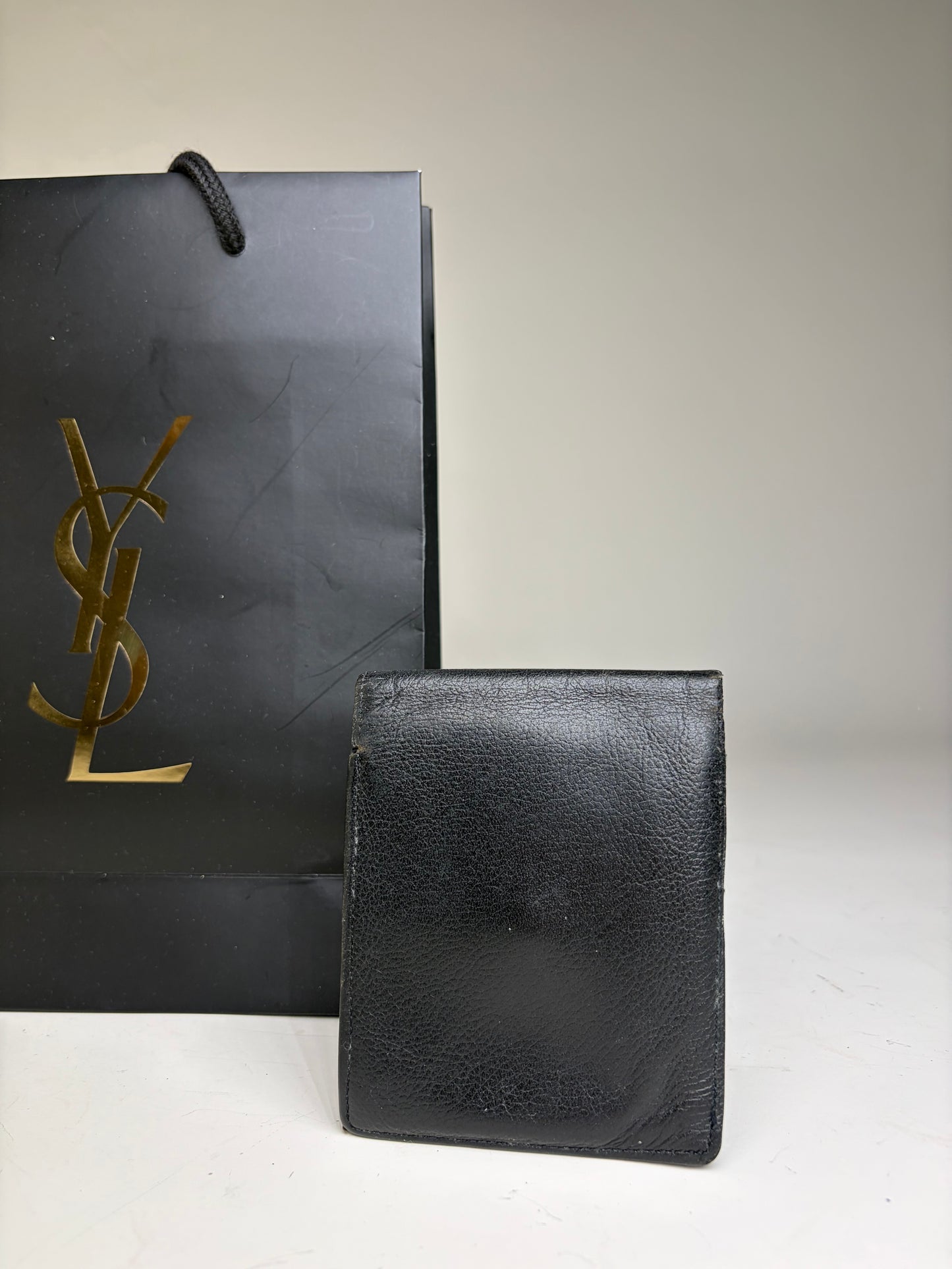 Vintage Yves Saint Laurent Grained Leather Bifold Wallet Black Silver