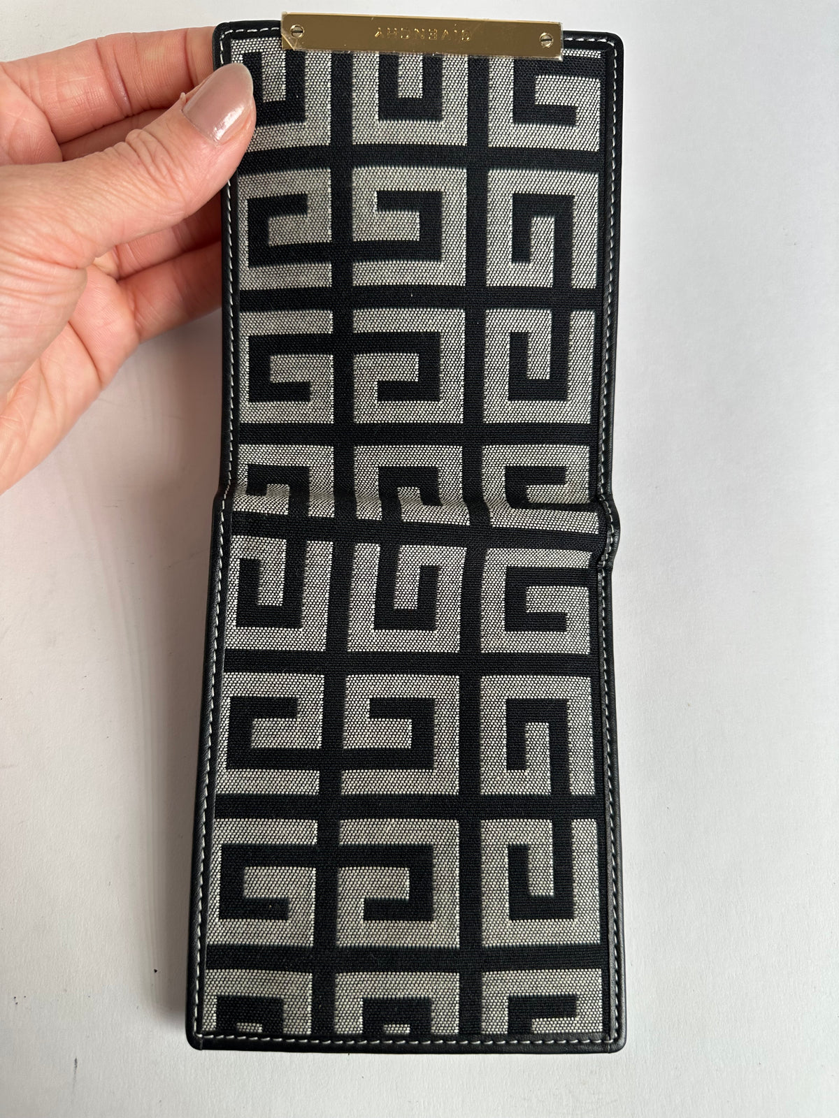 Vintage Givenchy Greek Key Canvas Bifold Wallet Late 1970s Black Cream