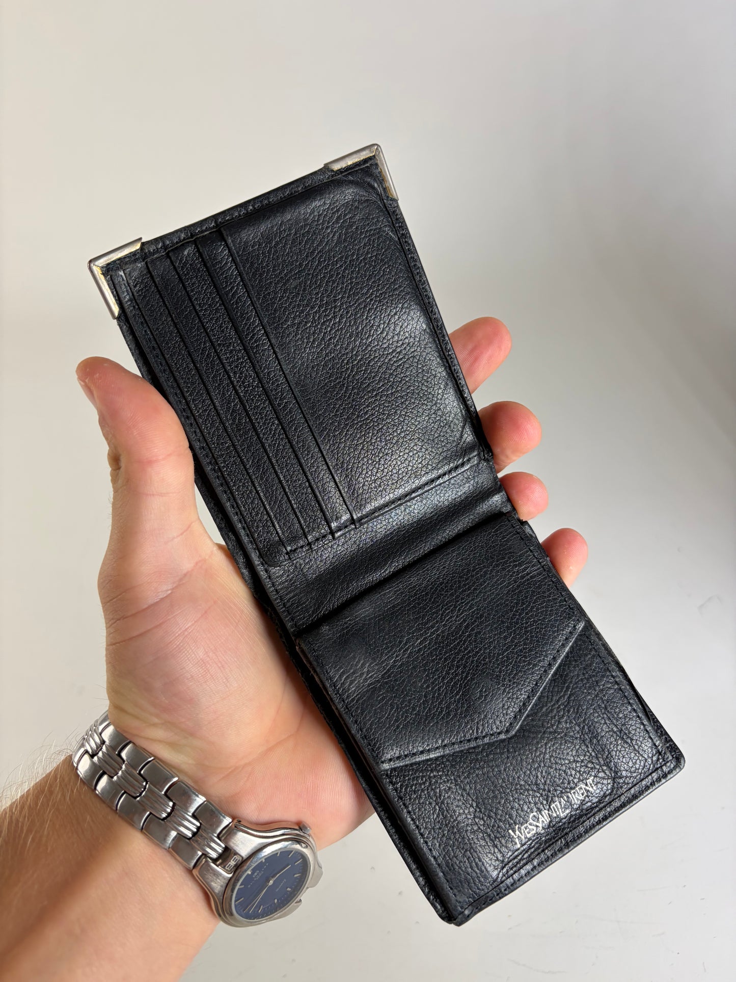 Vintage Yves Saint Laurent Grained Leather Bifold Wallet Black Silver