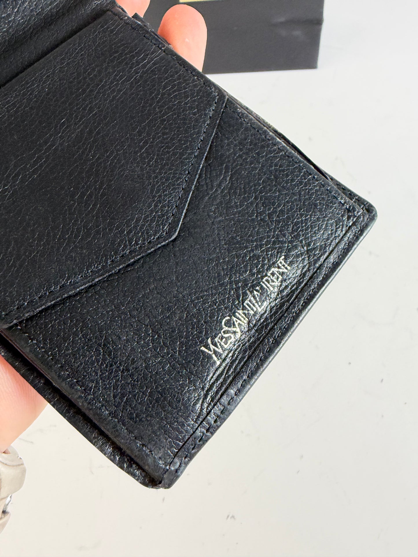 Vintage Yves Saint Laurent Grained Leather Bifold Wallet Black Silver
