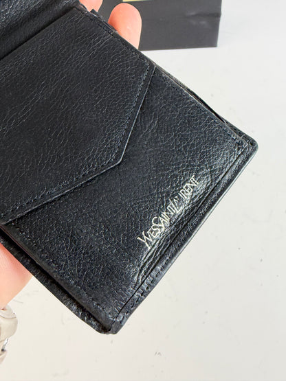 Vintage Yves Saint Laurent Grained Leather Bifold Wallet Black Silver
