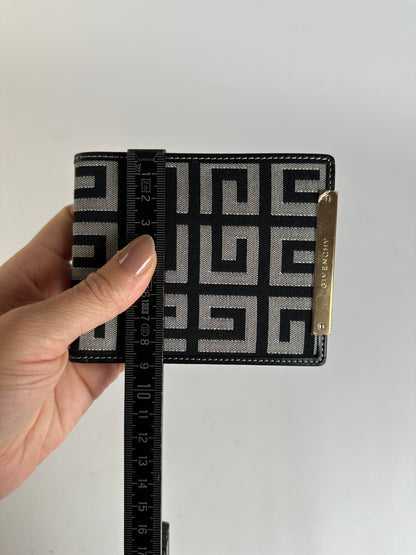 Vintage Givenchy Greek Key Canvas Bifold Wallet Late 1970s Black Cream