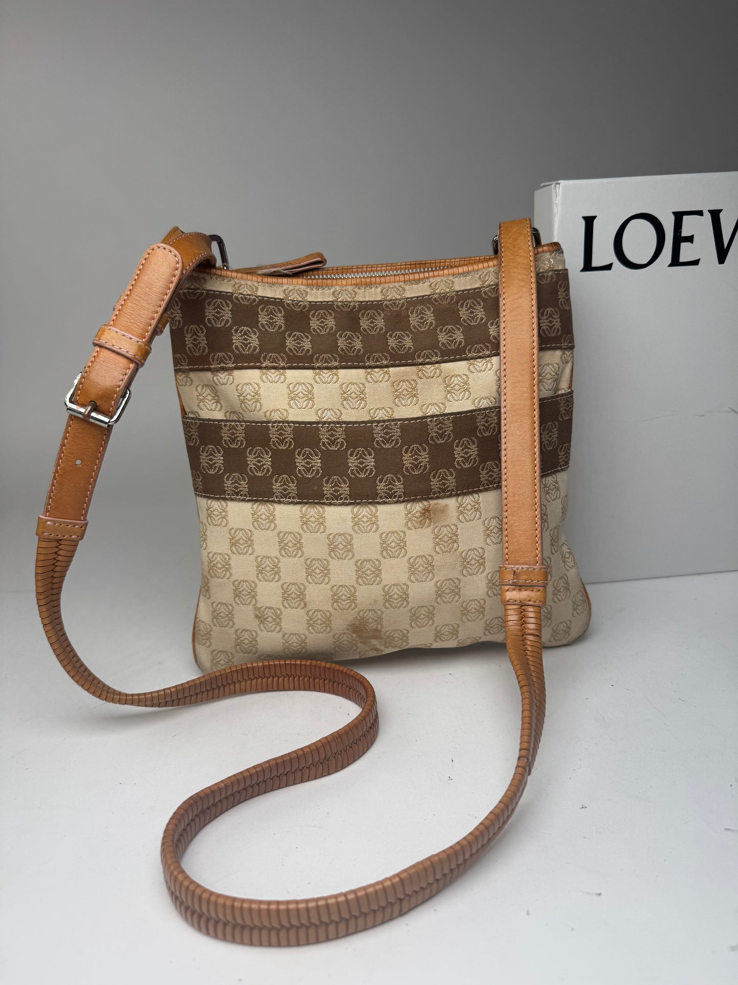 Vintage Loewe Madrid Leather canvas monogram Shoulder bag beige brown