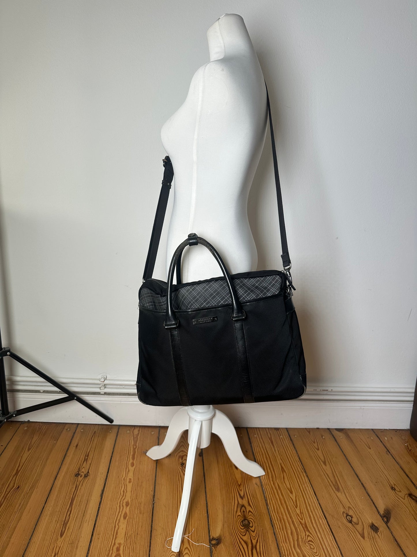 Burberry Black Nylon Briefcase with Multiple Compartments