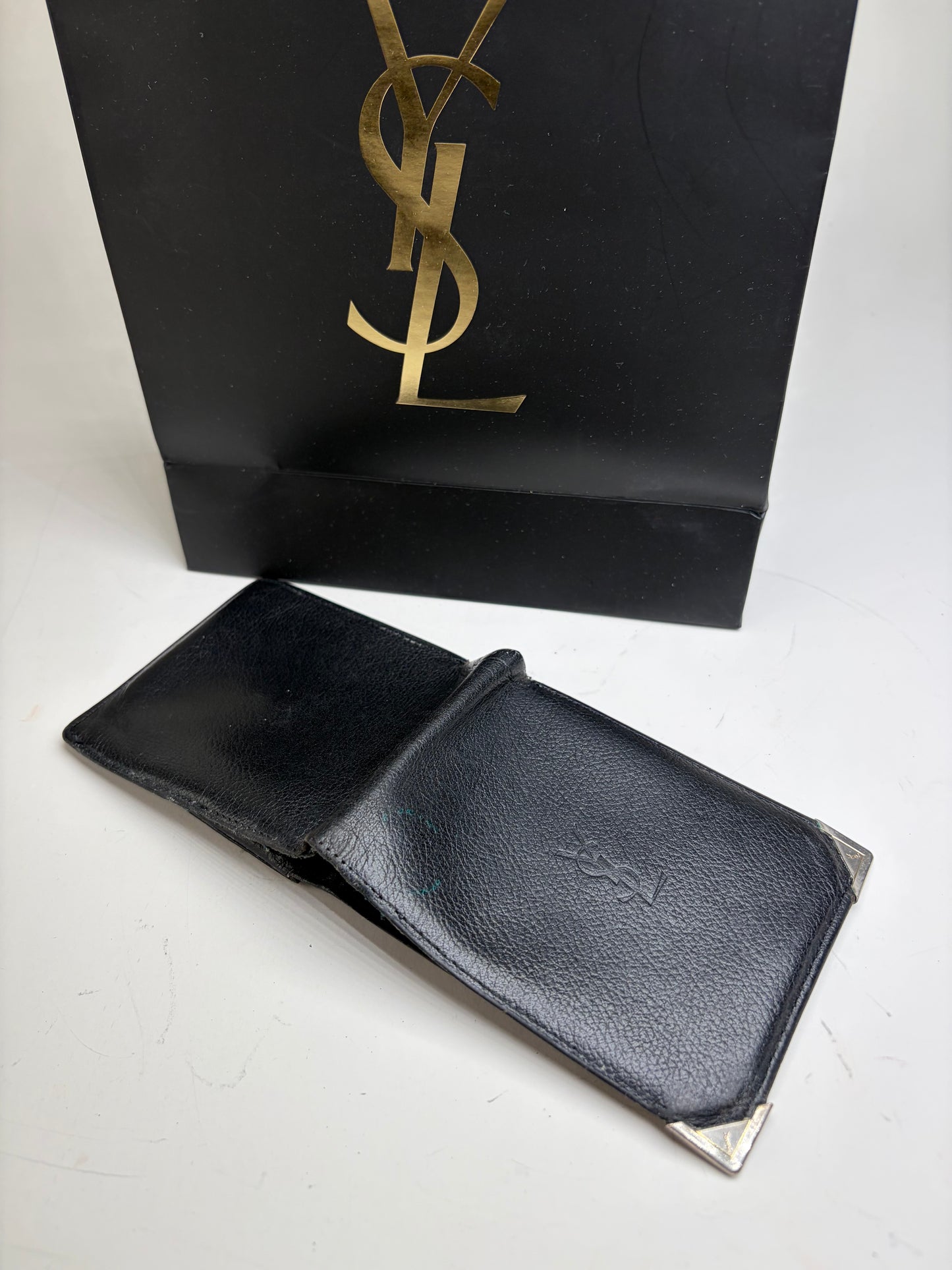 Vintage Yves Saint Laurent Grained Leather Bifold Wallet Black Silver