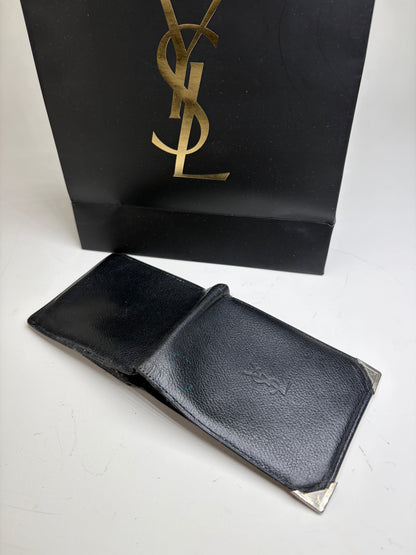 Vintage Yves Saint Laurent Grained Leather Bifold Wallet Black Silver
