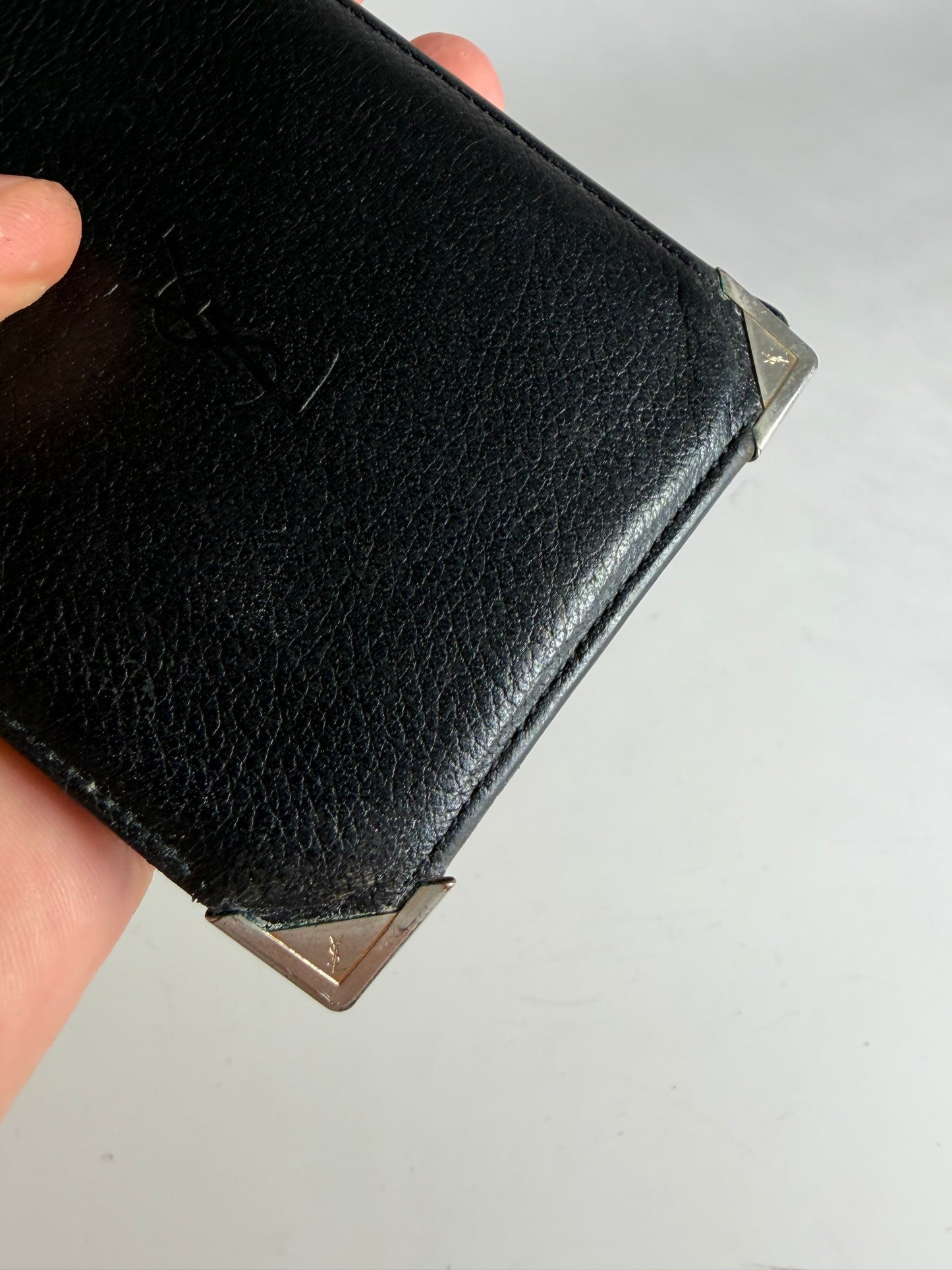 Vintage Yves Saint Laurent Grained Leather Bifold Wallet Black Silver