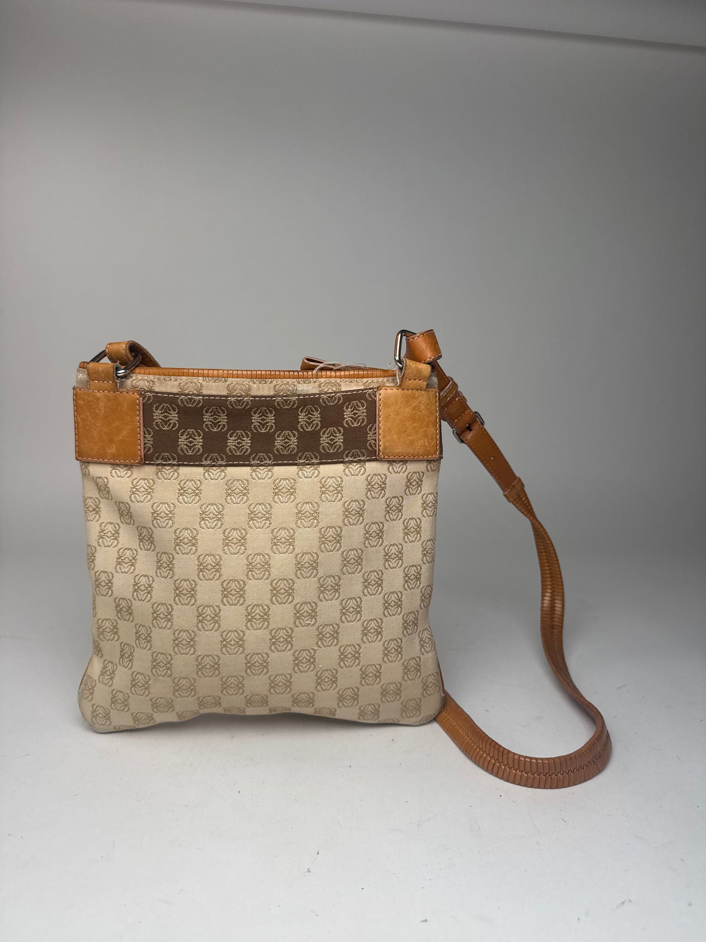 Vintage Loewe Madrid Leather canvas monogram Shoulder bag beige brown