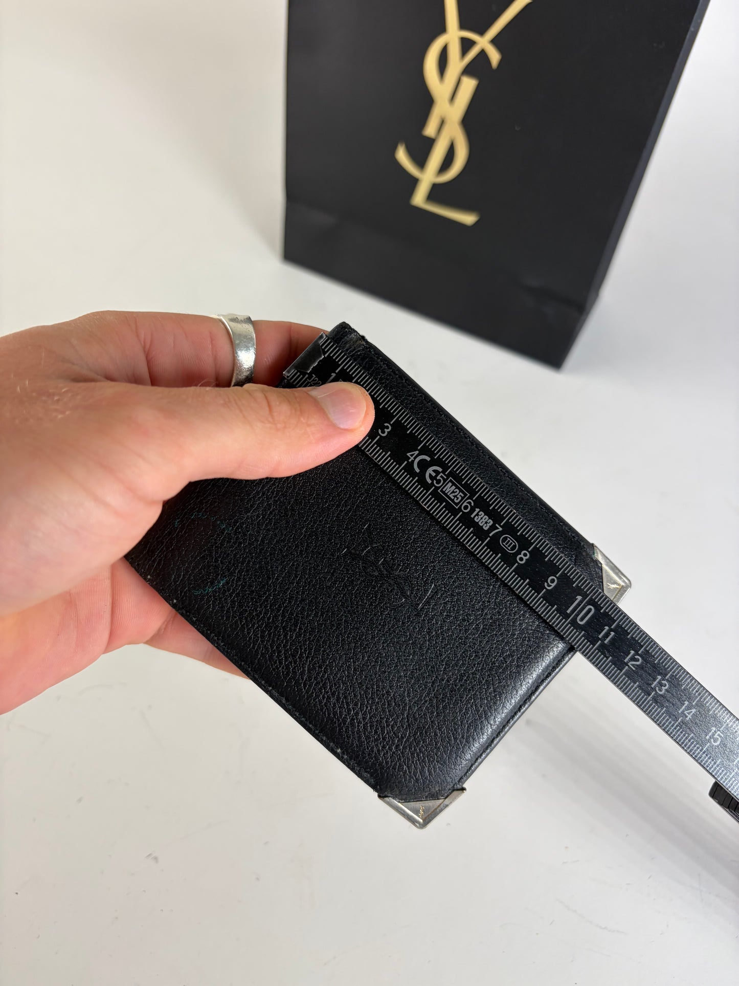 Vintage Yves Saint Laurent Grained Leather Bifold Wallet Black Silver