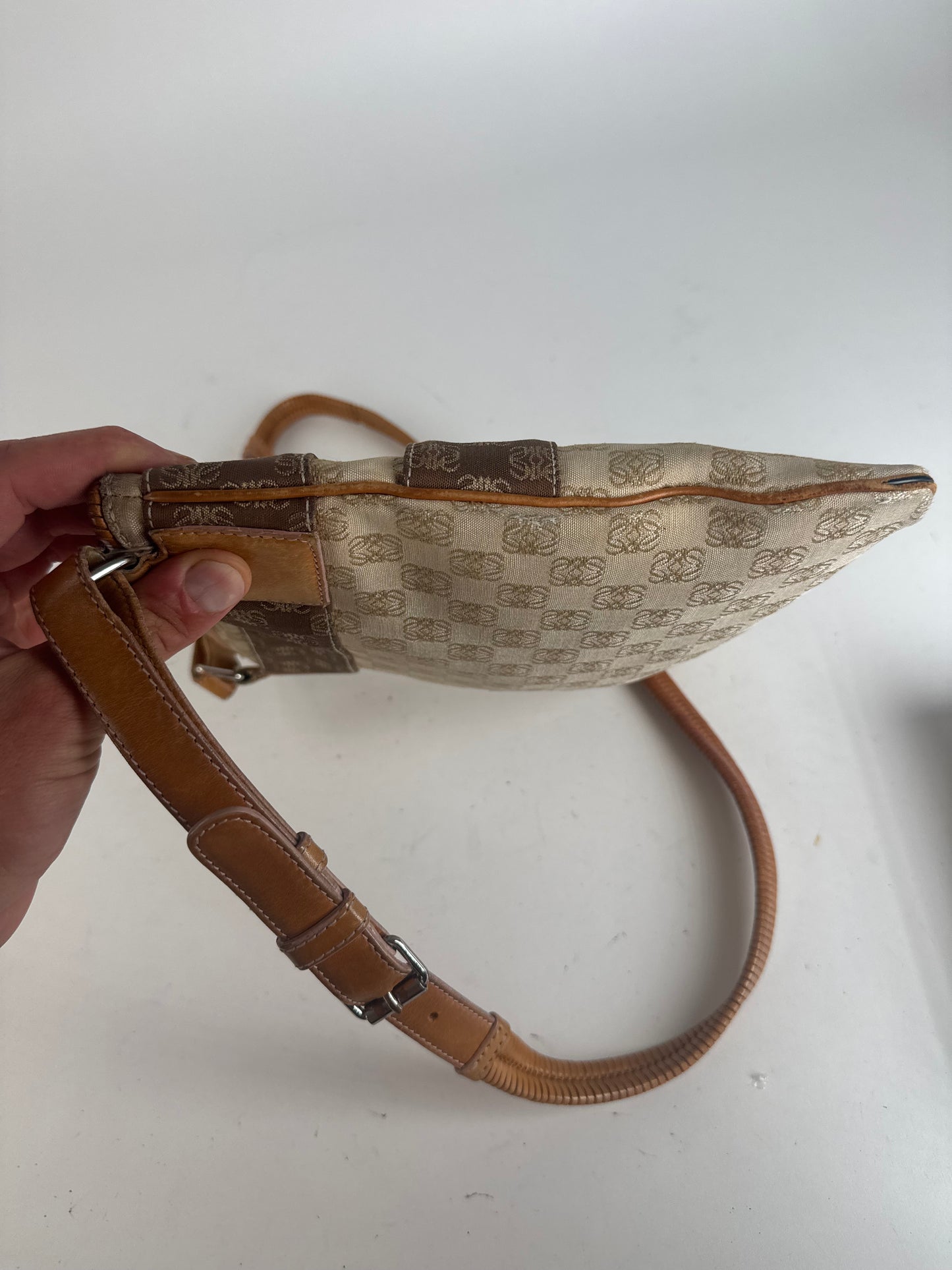 Vintage Loewe Madrid Leather canvas monogram Shoulder bag beige brown