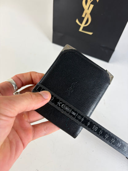 Vintage Yves Saint Laurent Grained Leather Bifold Wallet Black Silver