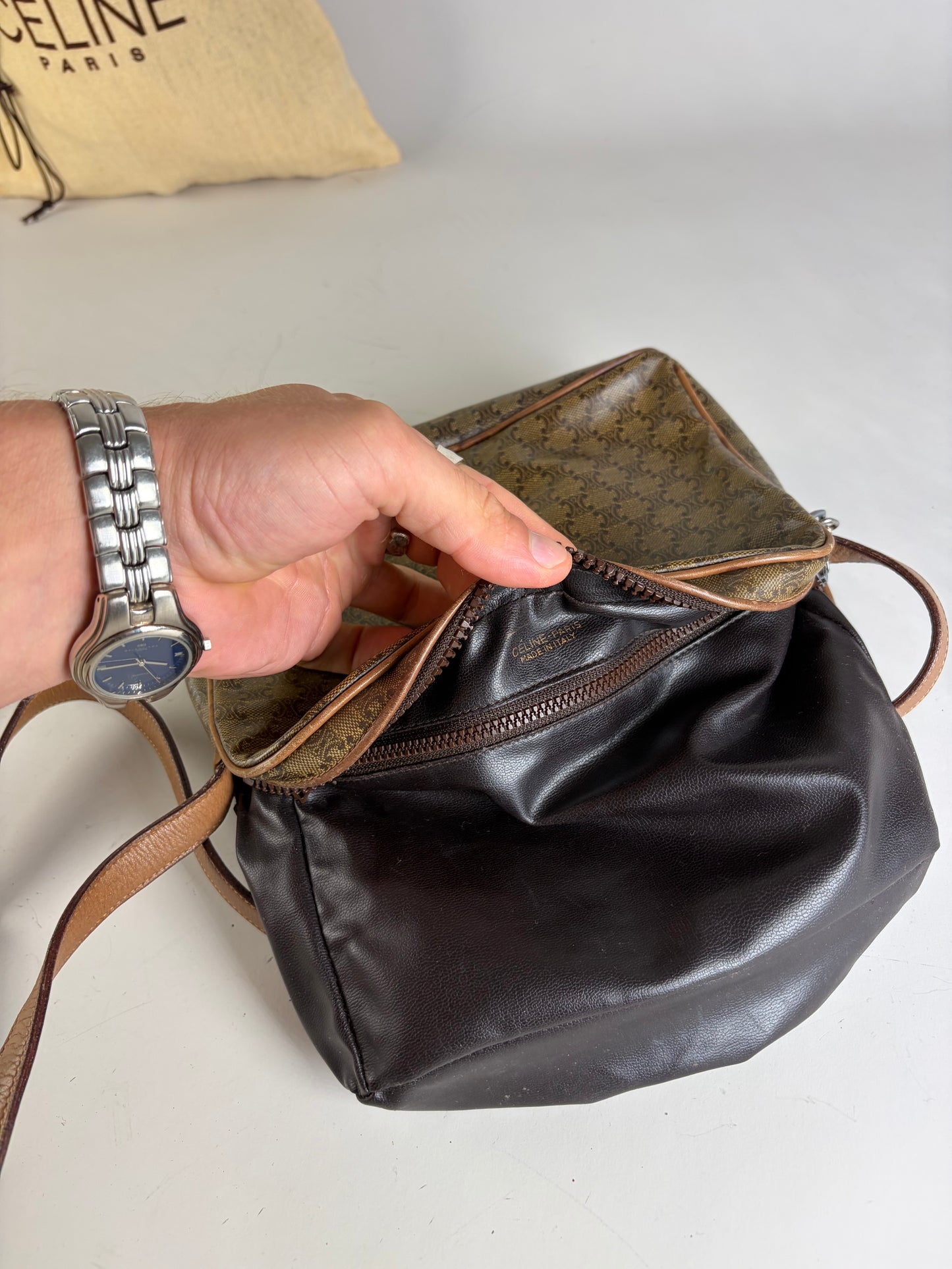 Vintage Celine C Logo Coated Canvas Crossbody Bag Brown Beige