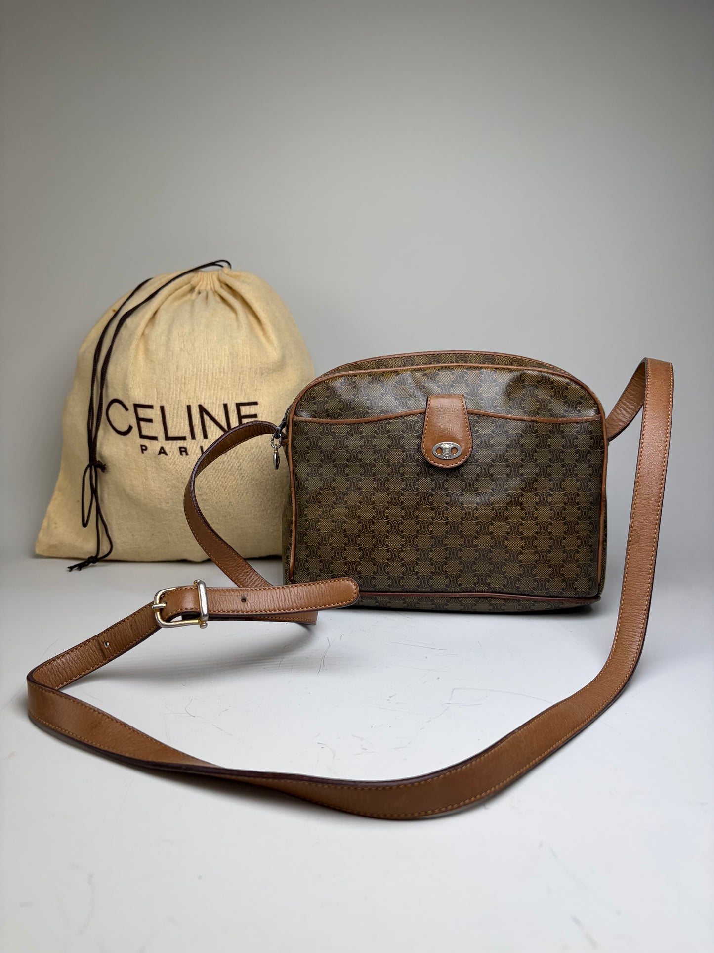 Vintage Celine C Logo Coated Canvas Crossbody Bag Brown Beige