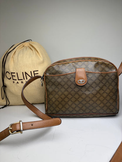 Vintage Celine C Logo Coated Canvas Crossbody Bag Brown Beige
