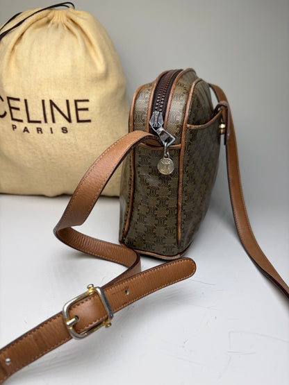 Vintage Celine C Logo Coated Canvas Crossbody Bag Brown Beige