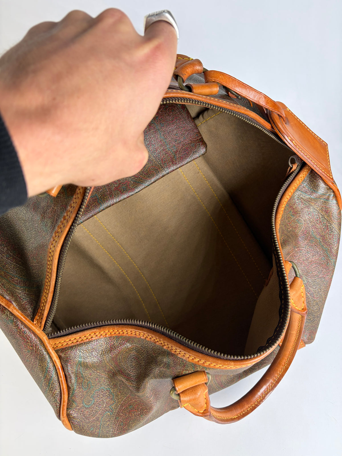 Vintage Etro Paisley Coated Canvas Duffle Bag Late 1990s Olive Brown