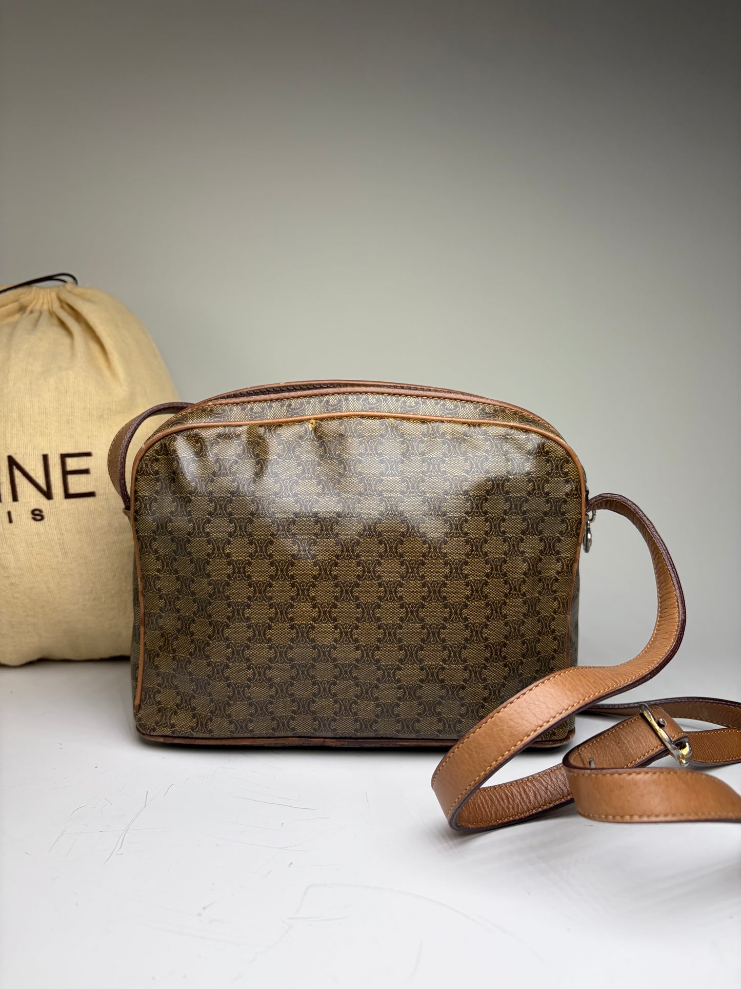 Vintage Celine C Logo Coated Canvas Crossbody Bag Brown Beige