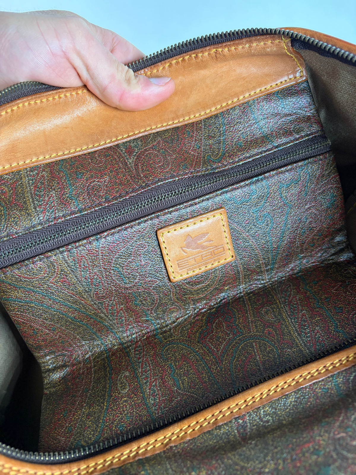 Vintage Etro Paisley Coated Canvas Duffle Bag Late 1990s Olive Brown