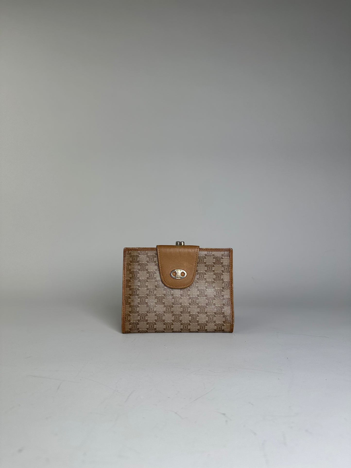 Vintage Celine Canvas Kiss Lock Wallet Beige Brown Gold