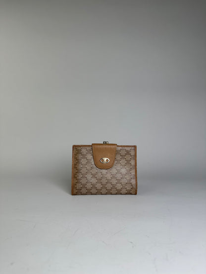 Vintage Celine Canvas Kiss Lock Wallet Beige Brown Gold